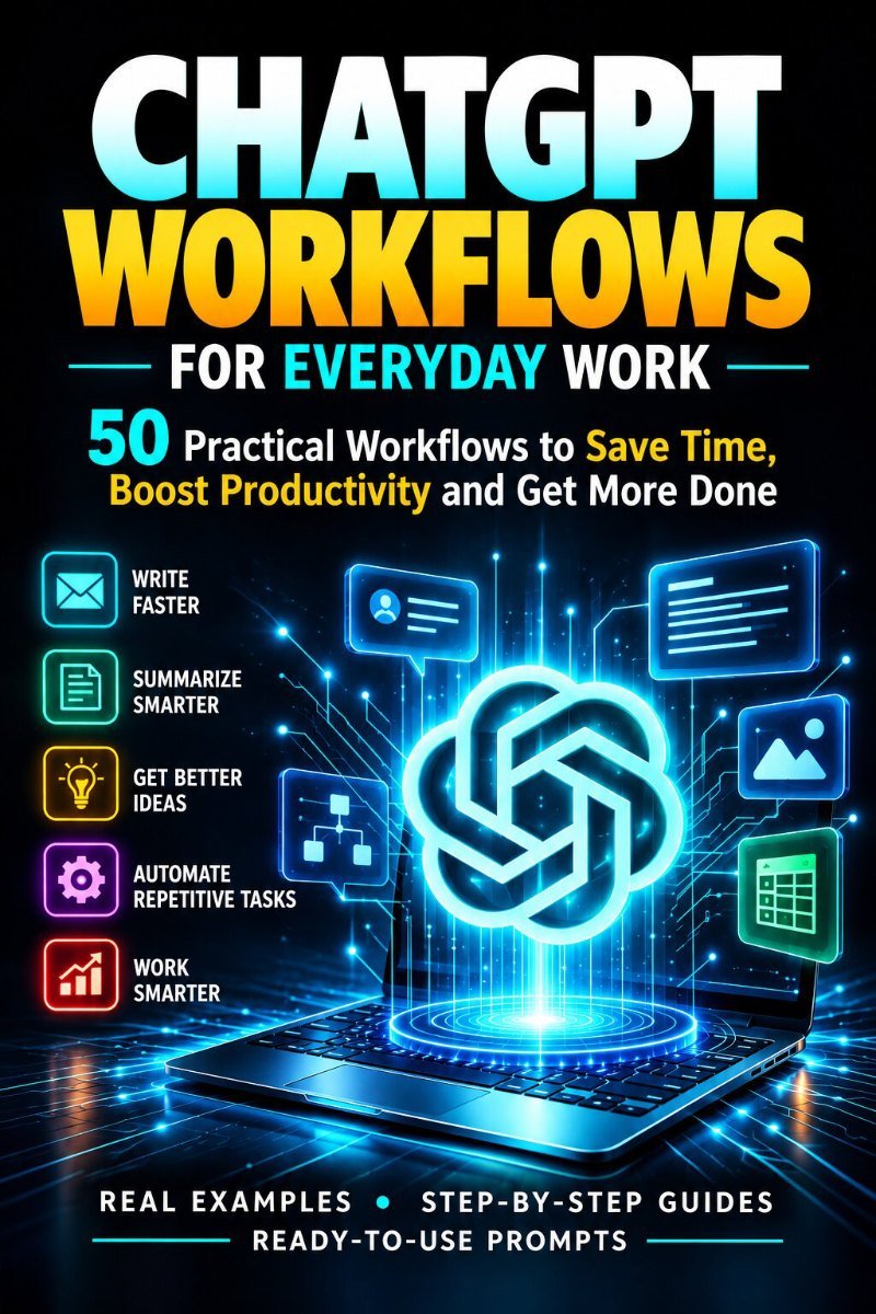 Cover of the eBook: 50 practical ChatGPT workflows for everyday work, with real examples, step-by-step guides and ready-to-use prompts
